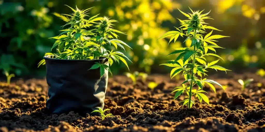 Healthy cannabis pot clones growing in a black fabric pot, ideal for quick and efficient cultivation.