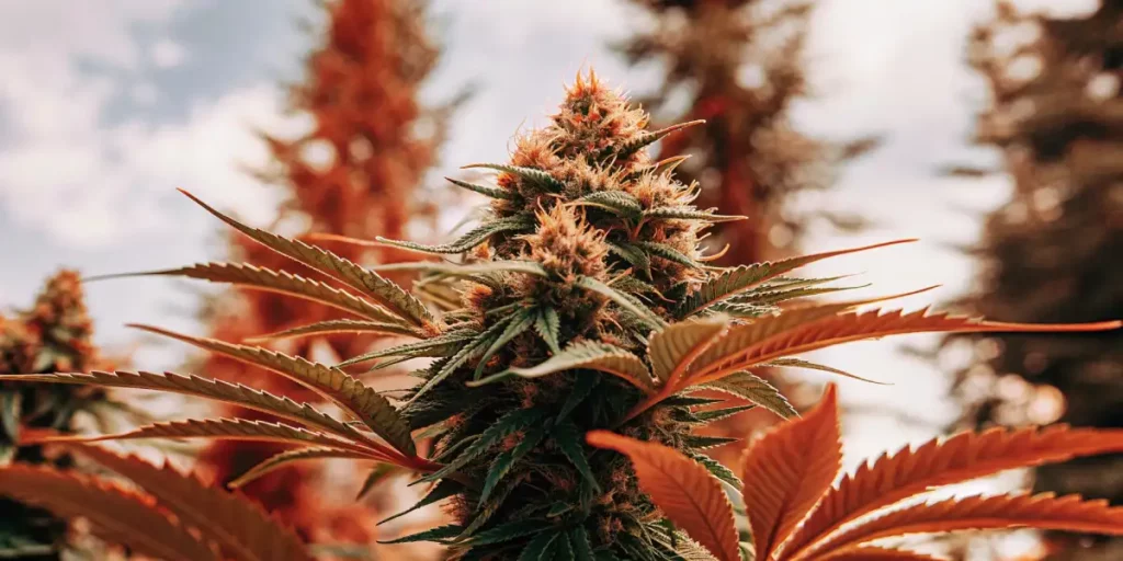Close-up of a cannabis bud bathed in sunlight with orange tones, surrounded by leaves and highlighting its detailed, resin-coated structure.