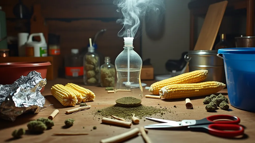 Creative setup demonstrating how to smoke without papers, featuring makeshift smoking tools, corn cobs, scissors, and cannabis buds on a rustic table.
