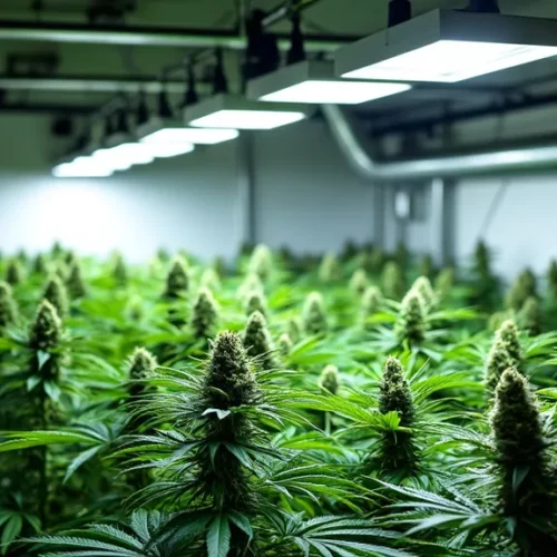 A well-ventilated cannabis grow room filled with mature plants under bright LED lighting, optimized for large-scale indoor cultivation.