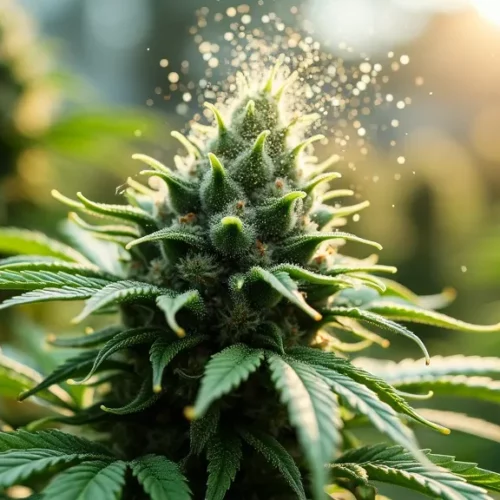A close-up of a cannabis plant with pollen dispersing in the sunlight, highlighting the natural pollination process.