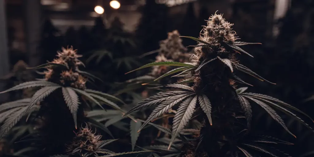 Cannabis plant with dark leaves and budding flowers under indoor lights in a cultivation facility.