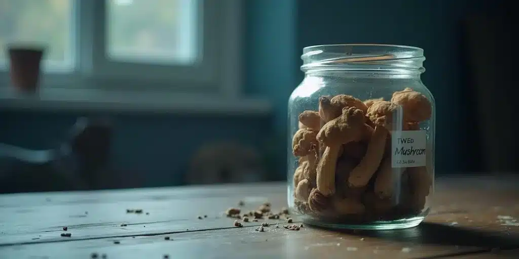 Glass jar filled with dried magic mushrooms on a wooden table, highlighting storage methods and shelf life.