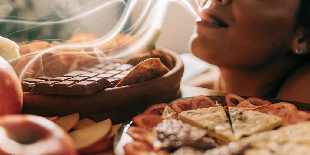 Person holding a dark edible to their mouth, with a tray of assorted chocolates, dried fruits, and plums on a textured brown surface.