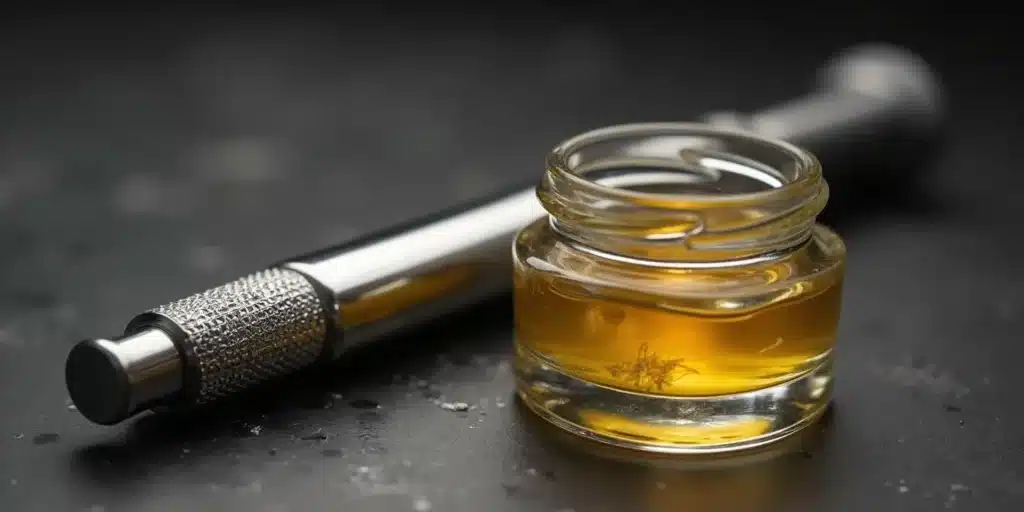 Glass jar filled with amber BHO concentrate beside a stainless steel dabber tool on a dark surface.