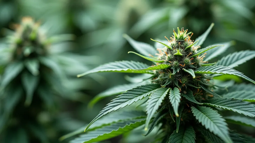Indoor cannabis plant under grow lights, showcasing lush foliage and healthy buds, benefiting from regular foliar spray for cannabis applications.