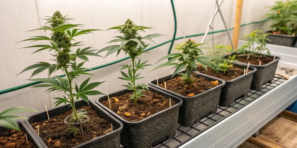 Indoor cannabis plant growing under LED grow lights in a controlled environment.