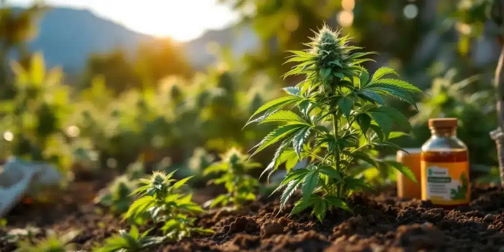 Kush weed plant growing outdoors with a nutrient bottle beside it, showcasing vibrant green leaves under sunlight.