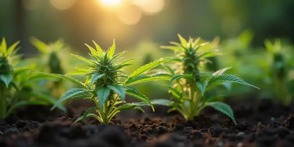 Young cannabis pot clones thriving in soil, showcasing healthy leaves and early flowering stage under sunlight.