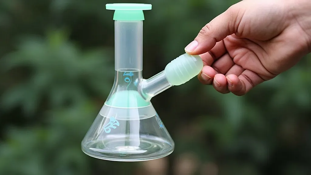 A hand holding a small, clear glass bong with green accents, ideal for a minimalist smoking experience.