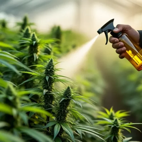 Person spraying cannabis plants with protective spray in greenhouse.