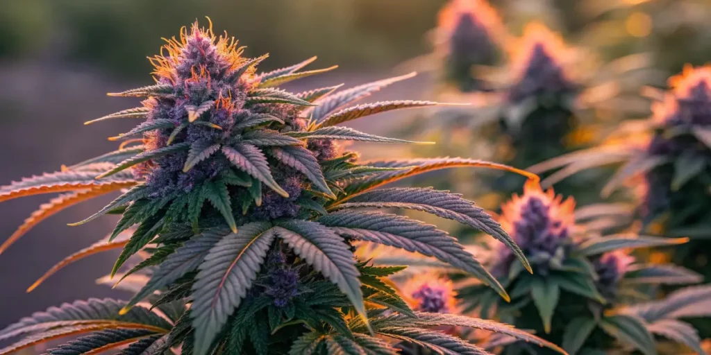 Purple cannabis buds illuminated by sunset, with vibrant colors and frosty trichomes on the leaves.