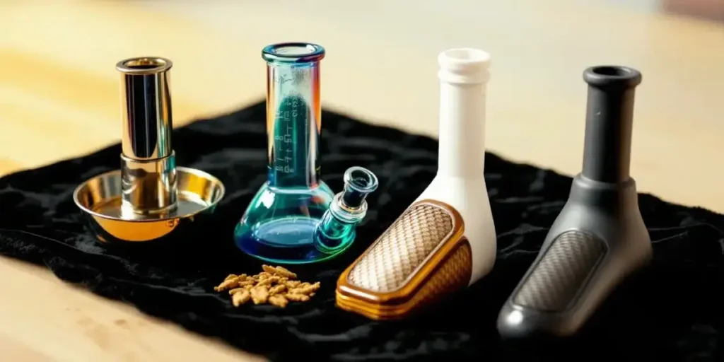 Collection of cannabis smoking pipes in glass and modern designs on a black velvet cloth.