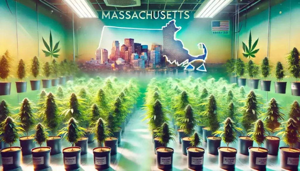 Large-scale indoor cannabis facility in Massachusetts with rows of healthy clones for sale, illuminated by grow lights against a cityscape backdrop.