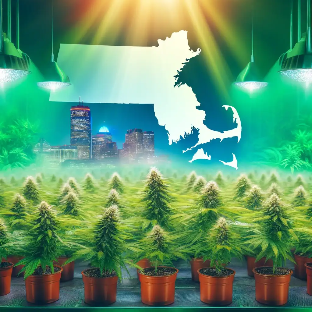 Massachusetts map overlay with a cannabis indoor grow setup, showcasing rows of vibrant green clones for sale under bright grow lights.