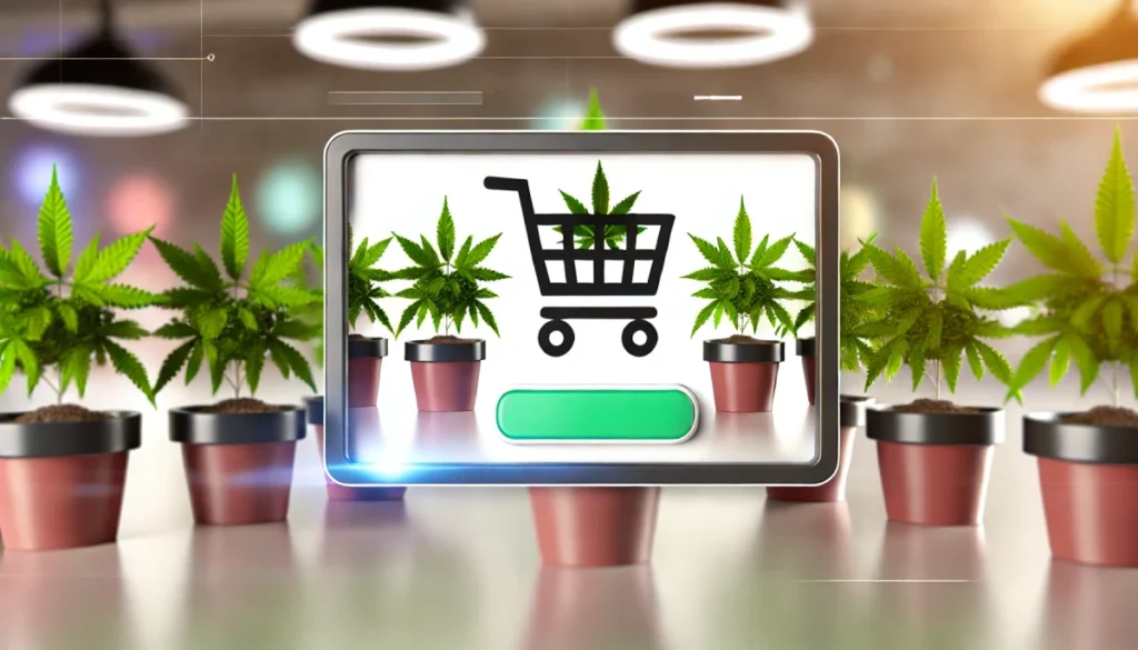 Digital display with shopping cart and cannabis clones, emphasizing easy access to cannabis clones online for growers.