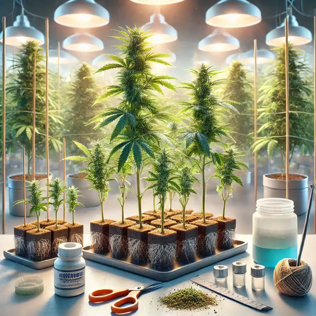 Young cannabis plants prepared for cloning under LED lights with tools and nutrients ready, illustrating an ideal setup for when to clone weed.
