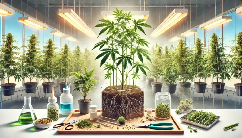 Cannabis plant in a propagation setup with various growth tools and mature plants in the background, showing optimal conditions for when to clone weed.