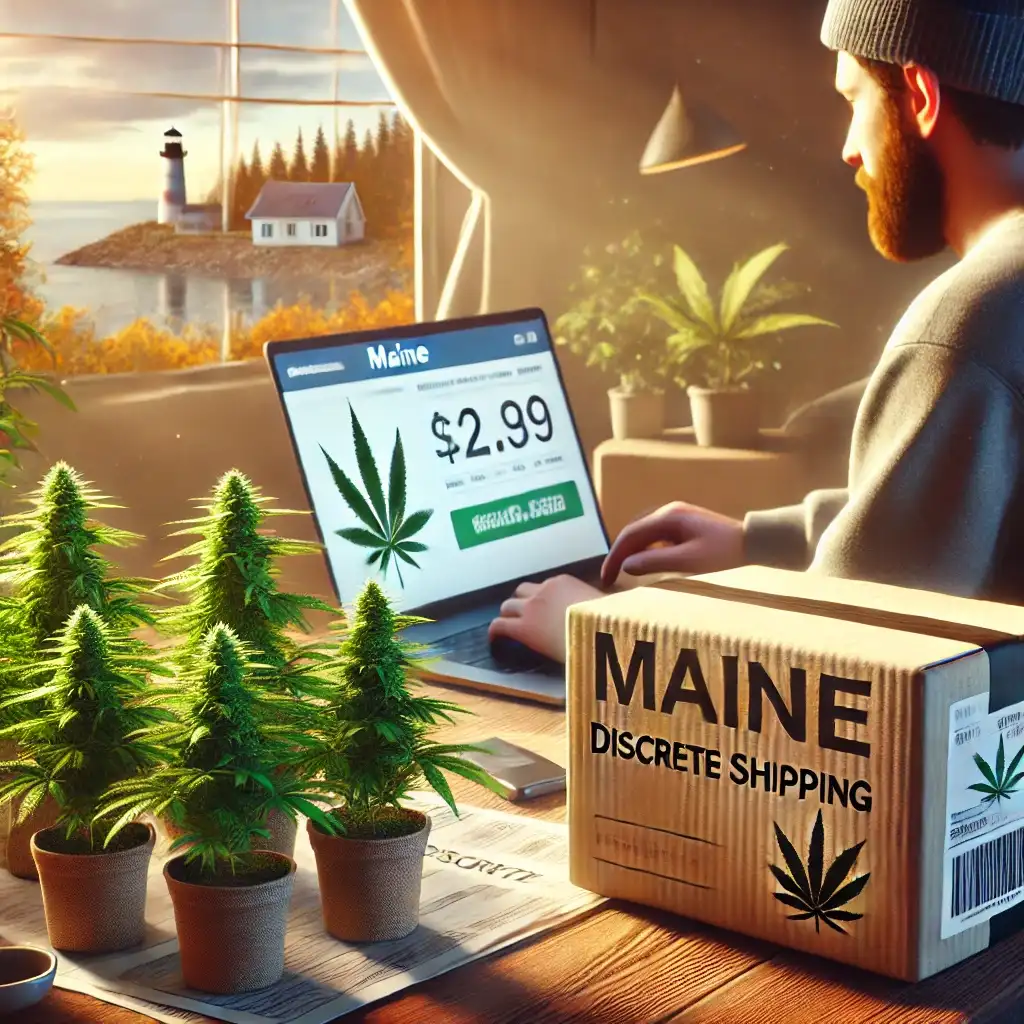 Man viewing cannabis clones for sale in Maine on a laptop, with a discreet shipping box labeled 'Maine' and small cannabis plants on the table.
