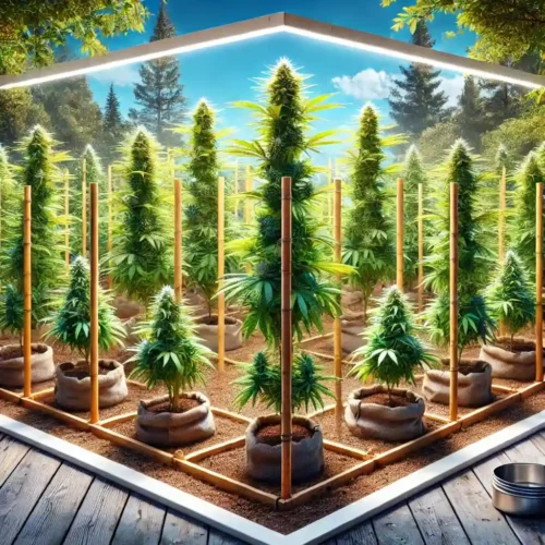 Cannabis clones growing outdoors in a structured setup with wooden stakes and ample sunlight, illustrating best practices for growing a clone outdoors.
