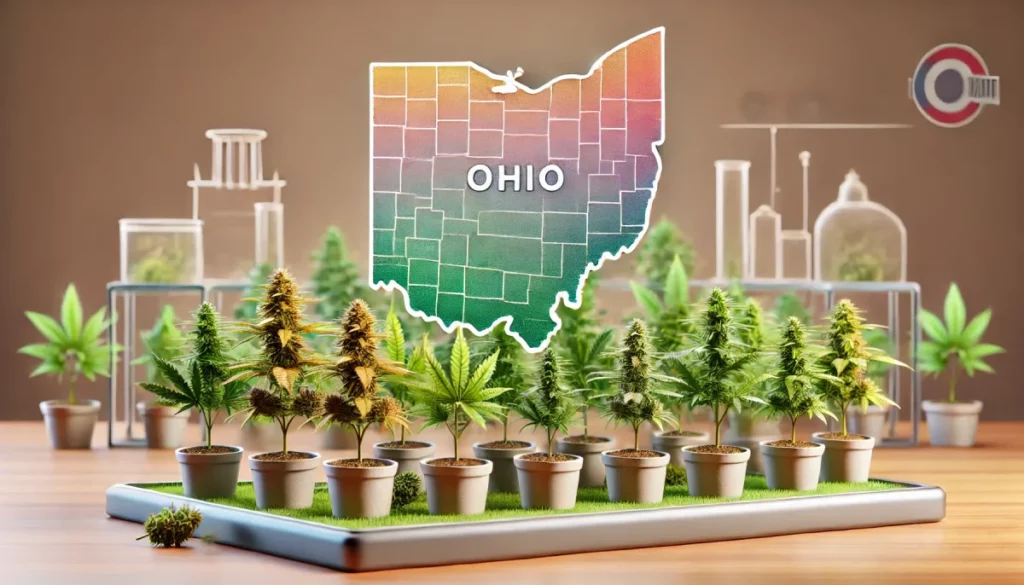 Tray of cannabis plants with Ohio state map outline in a lab-like setting, symbolizing availability and cultivation of weed clones in Ohio.