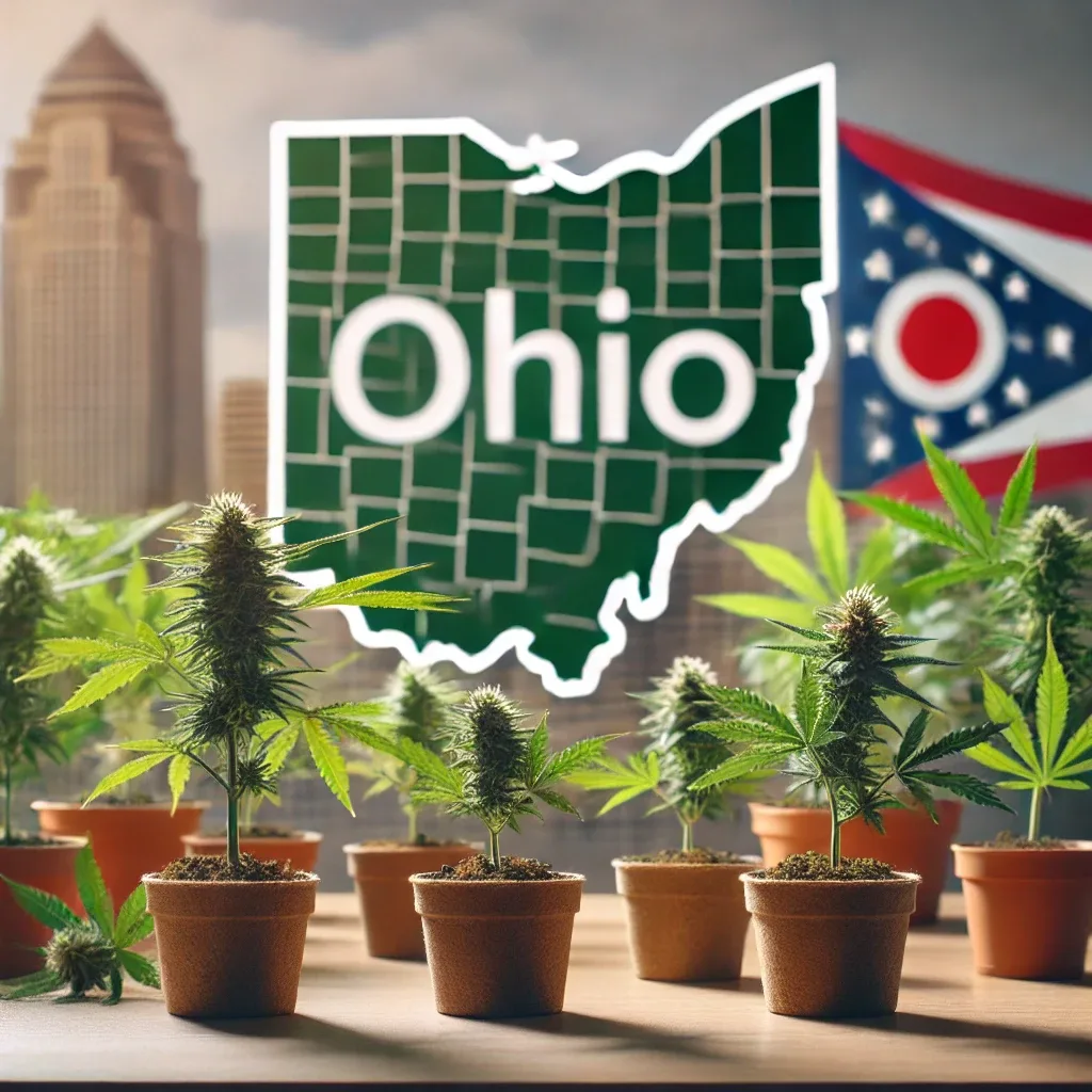 Potted cannabis clones in front of Ohio state outline and flag, with an urban background, representing weed clones in Ohio.