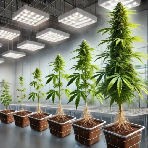 Cannabis clones in various growth stages, week by week progression under LED lights, illustrating clone development.
