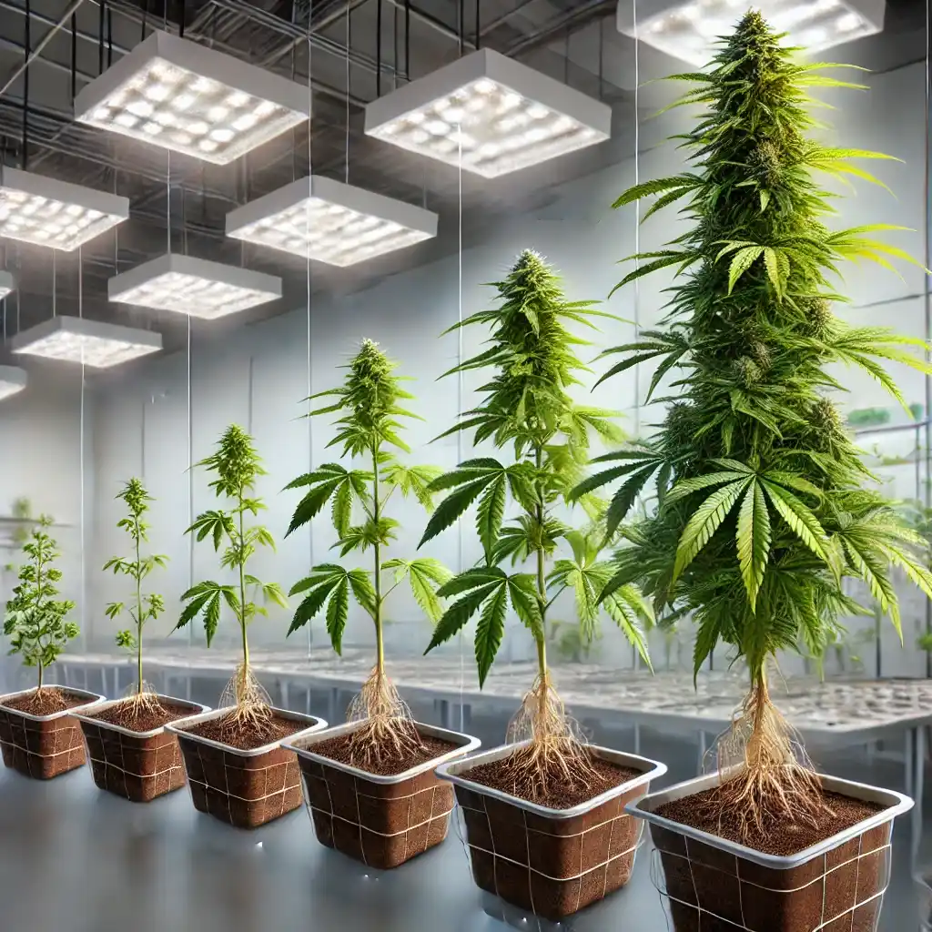 Cannabis clones in various growth stages, week by week progression under LED lights, illustrating clone development.
