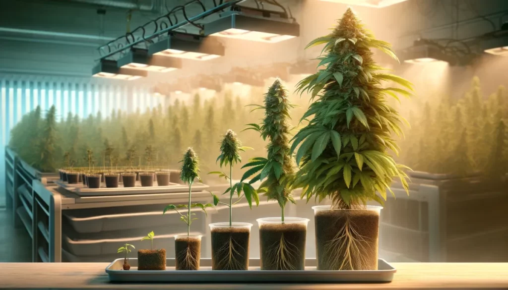 Tray displaying cannabis clones from seedling to full maturity, showing clone growth week by week under indoor lighting.