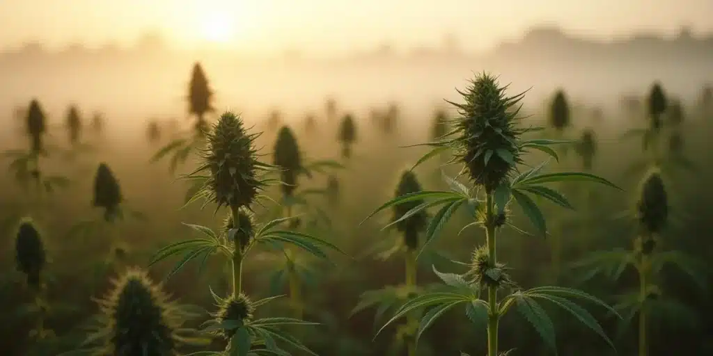A field of cannabis plants thriving in a warm and humid climate, showcasing dense buds and vibrant green leaves during sunrise.