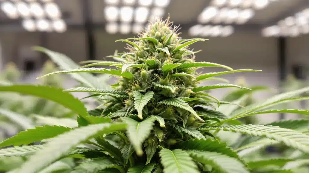 A close-up of cannabis buds showing early signs of flowering during the vegetative stage, potentially from accidental flowering.