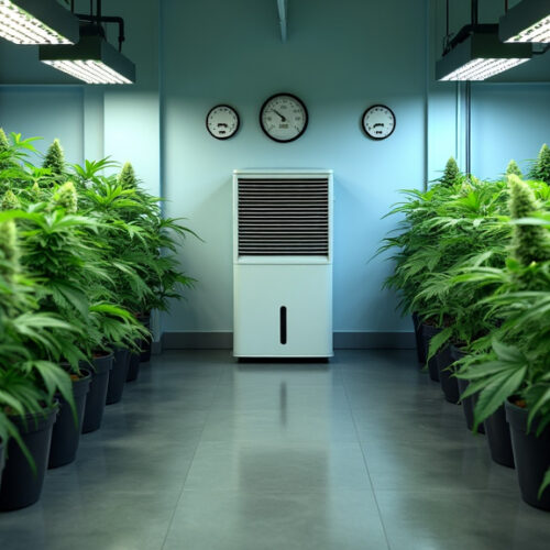 Indoor cannabis grow room with plants and a dehumidifier in the center.
