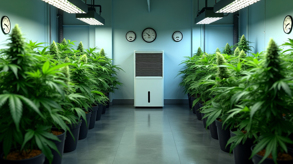Indoor cannabis grow room with plants and a dehumidifier in the center.
