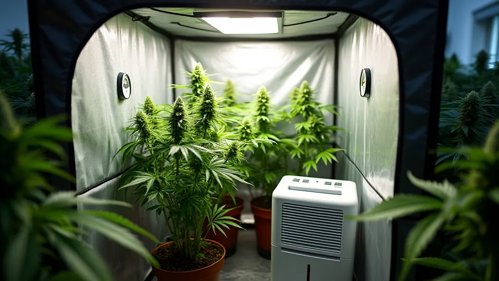 Cannabis grow tent setup with a dehumidifier and healthy plants under artificial light.