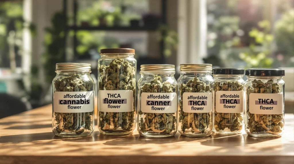 Selection of cheap THCA flower strains in jars on a wooden table with natural light.