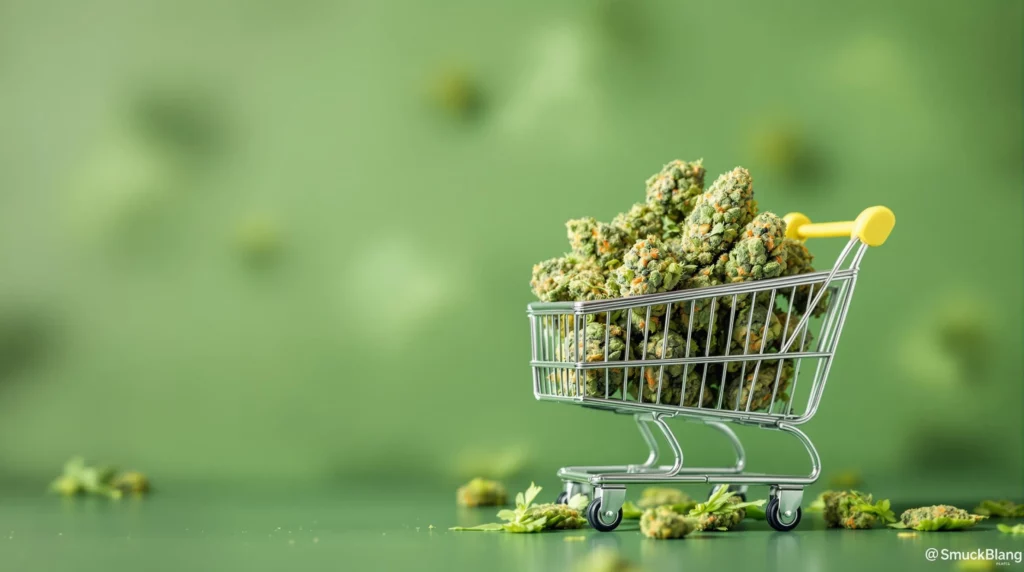 Shopping cart filled with buds representing online deals for cheap THCA flower.