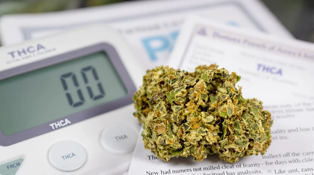 Close-up of THCA bud with a certificate of analysis, representing budget-friendly and high-quality cannabis options