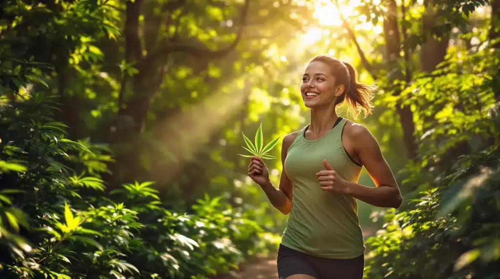 Happy woman jogging in a lush green forest while holding a cannabis leaf, representing the potential energy-boosting benefits of THC for active lifestyles.
