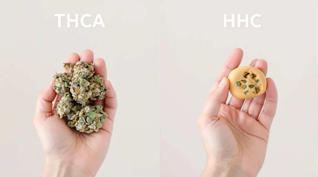 Hands holding cannabis buds for THCA and an HHC edible side by side.