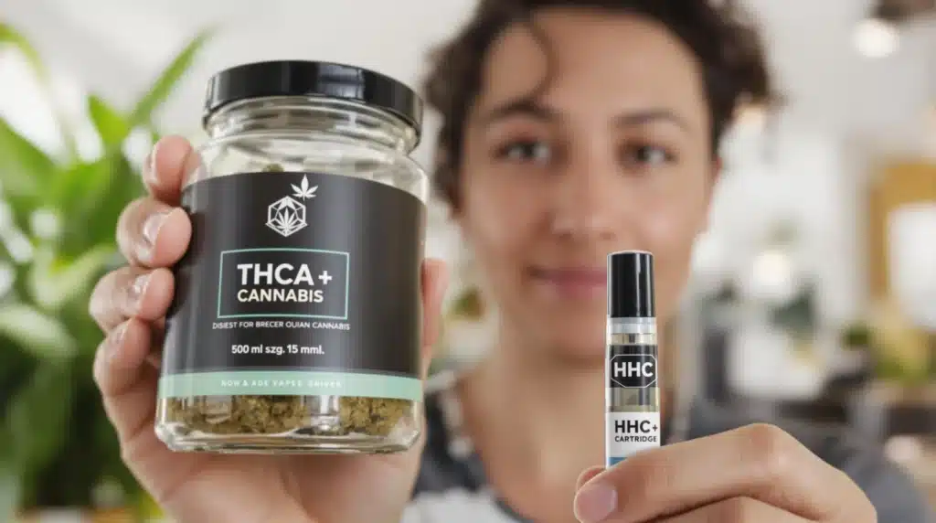 Hand holding THCA cannabis jar and HHC vape cartridge in a modern setting