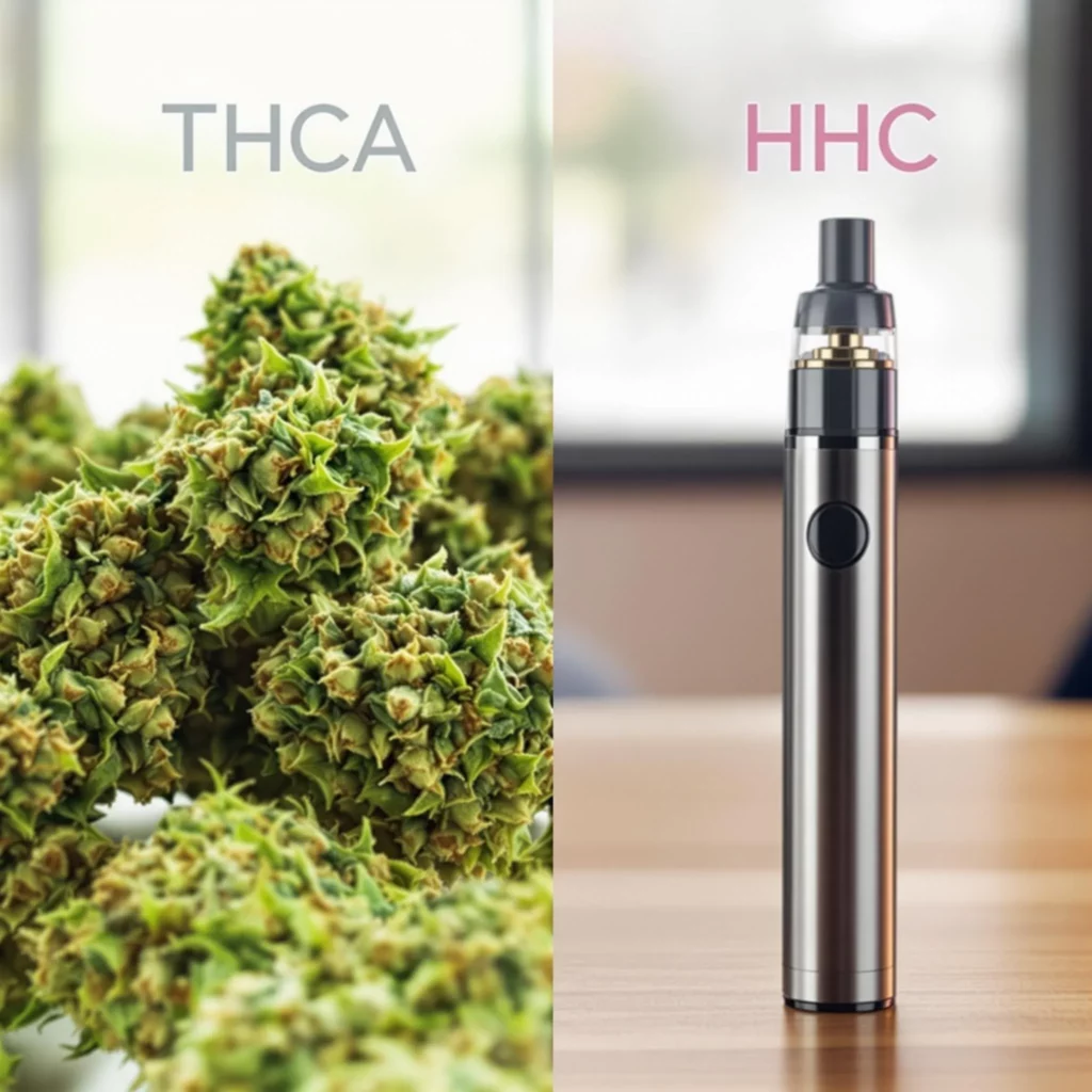 Cannabis buds for THCA and a vape pen for HHC on a wooden surface.