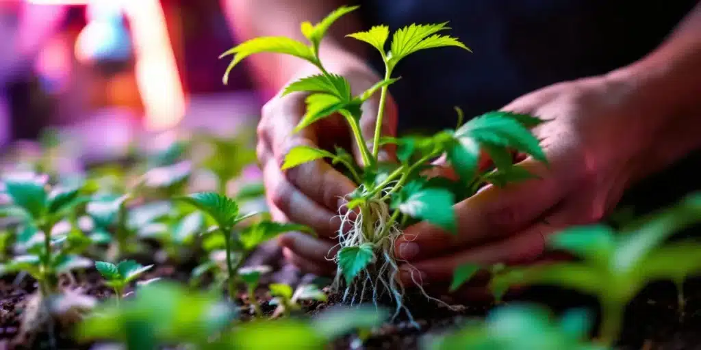 Person gently transplanting marijuana clones with well-developed roots into a new tray under controlled lighting, showcasing the process of marijuana cultivation.