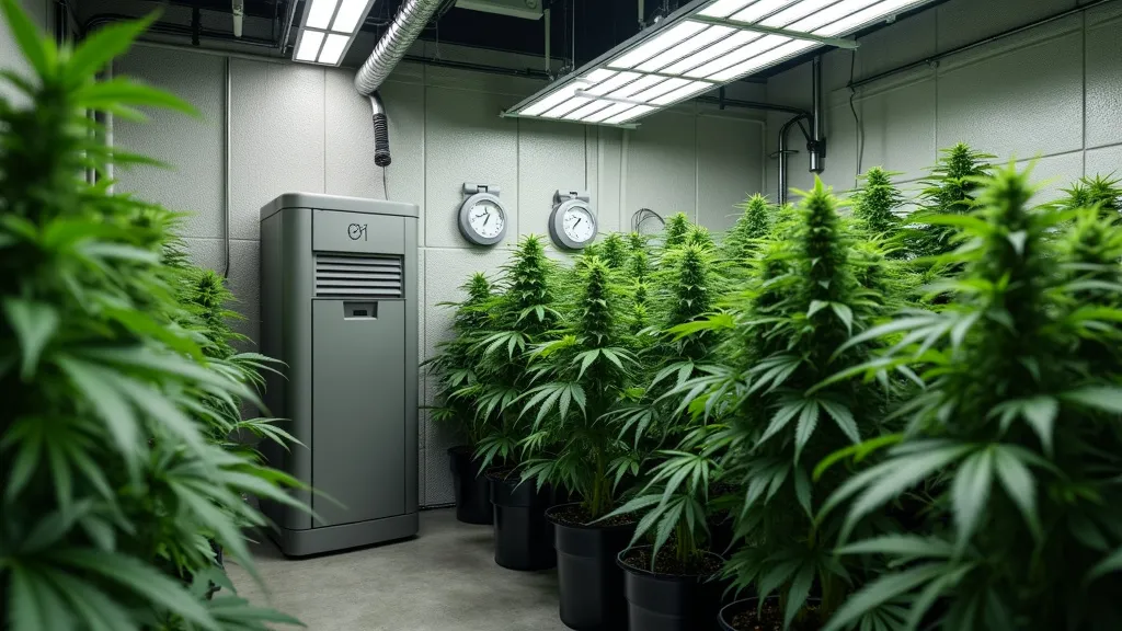 Grow room equipped with a dehumidifier and healthy cannabis plants under LED lights.