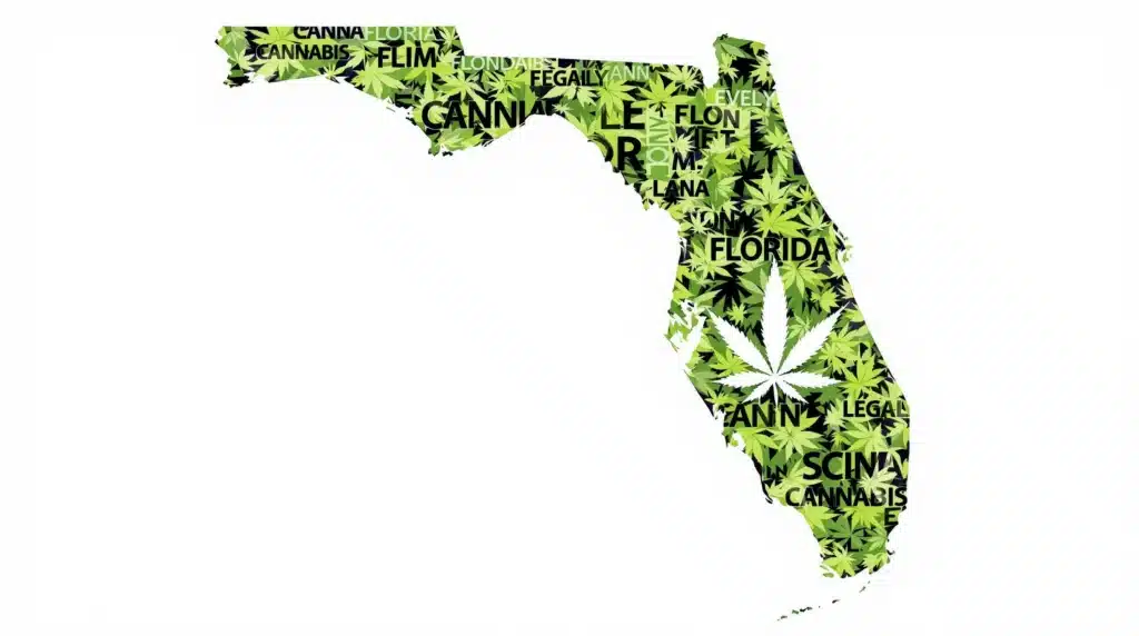 Florida map with cannabis leaf icon indicating THCA legality.