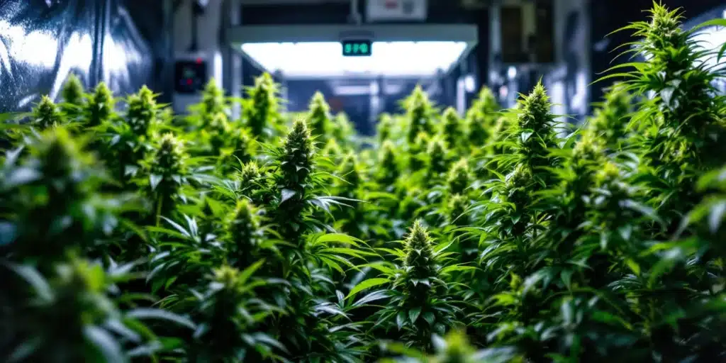 Thriving cannabis plants growing under an advanced hydro system with LED lighting for optimal indoor cultivation.