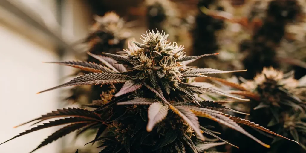 Close-up of cannabis bud with purple hues and orange hairs, highlighted by soft natural light in a greenhouse setting.