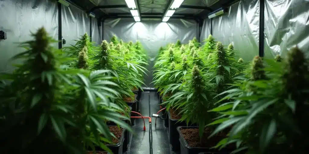 Rows of marijuana clones in pots inside a greenhouse