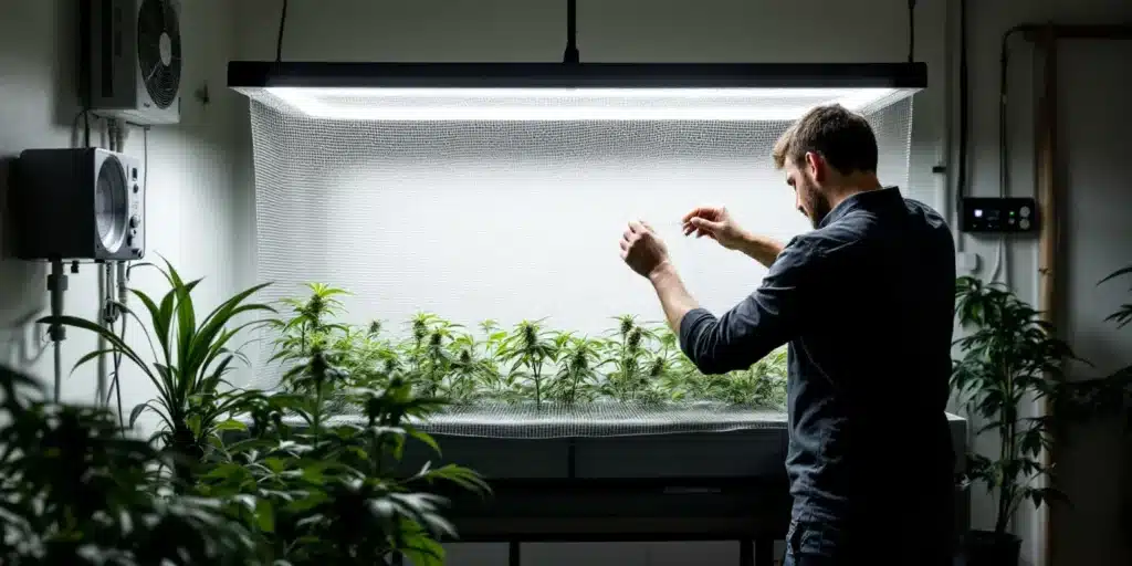 Person adjusting an indoor hydro system for cannabis plants under bright LED lights, ensuring efficient growth conditions.