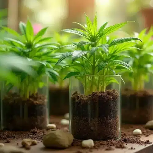 Cannabis clones in small pots with an online shopping cart icon, symbolizing the convenience of purchasing cannabis clones online.