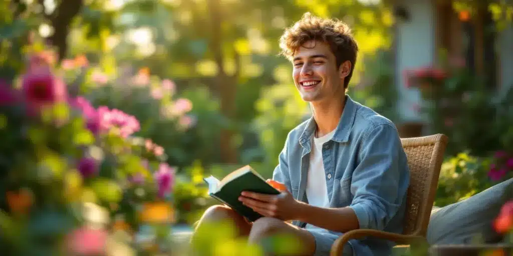 Smiling young man enjoying a book outdoors surrounded by vibrant flowers, symbolizing the uplifting and energizing effects of THC.